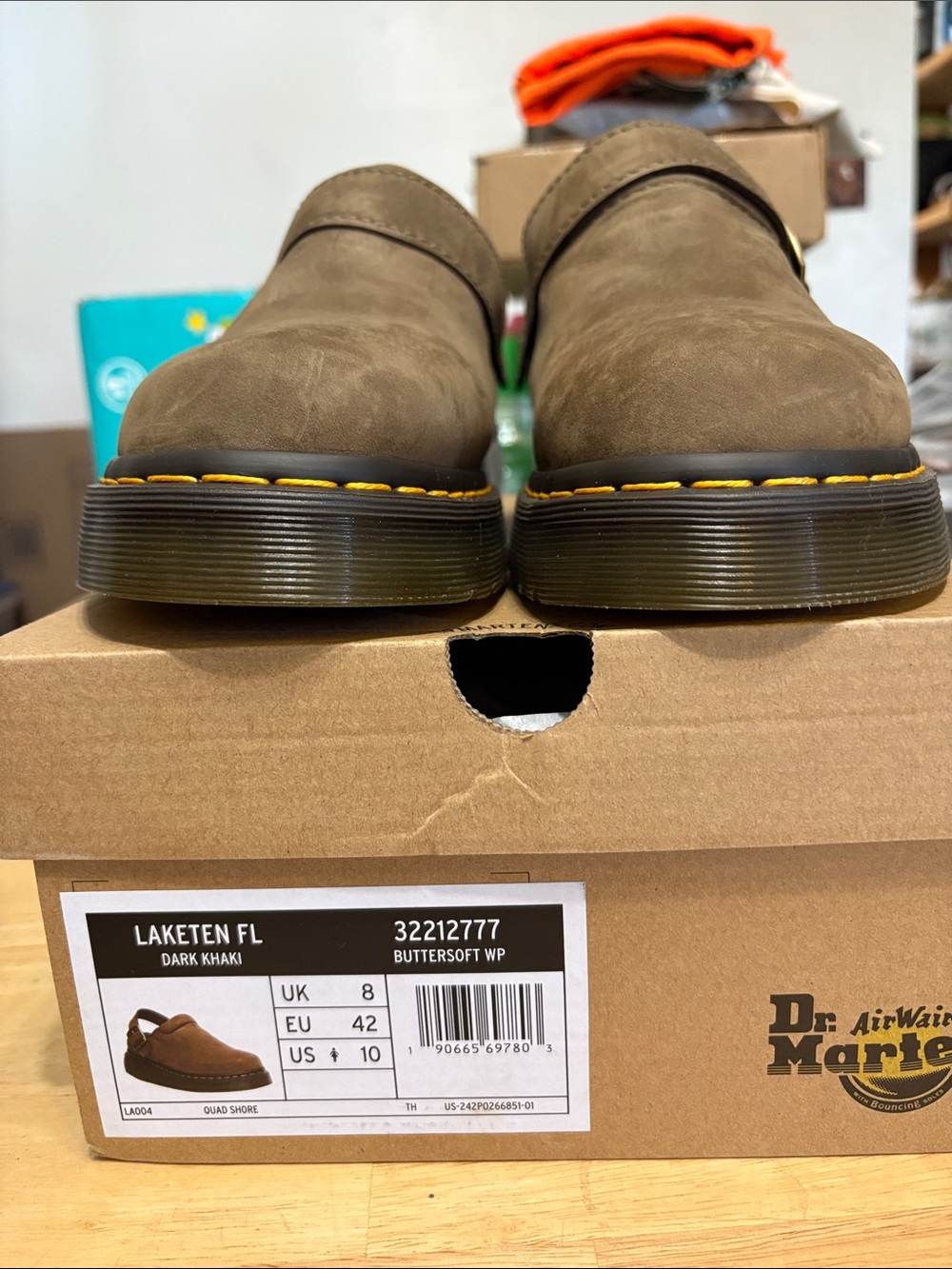 Dr. Martens  Brown Suede Buckle Clog with Yellow Stitching - Picture 2 of 6